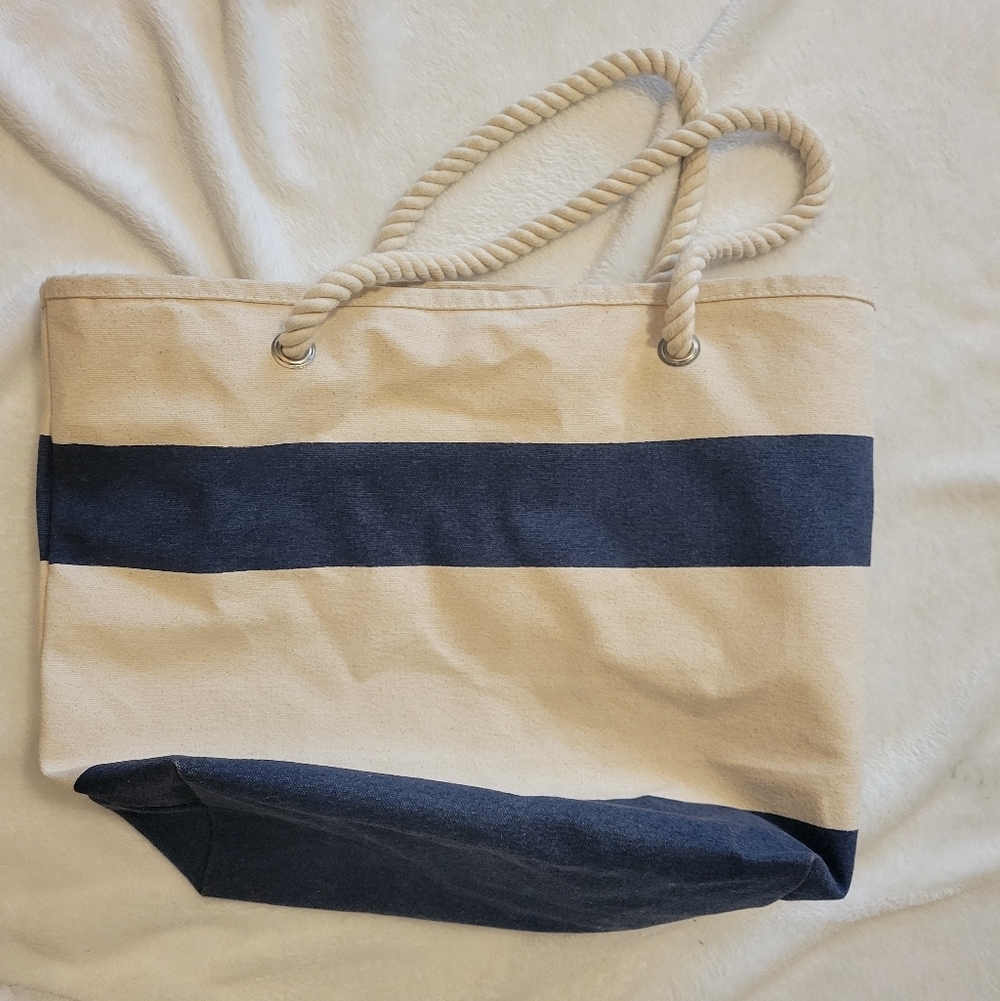 Kikkoman Canvas Rope Handle Tote Bag Navy Stripe Farmers Market Beach - Picture 6 of 6